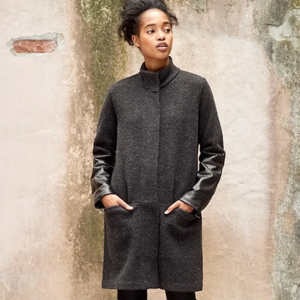 SOLD Eileen Fisher High Neck Black Leather Sleeve Dark Grey Wool Jacket Size XL - Picture 1 of 11